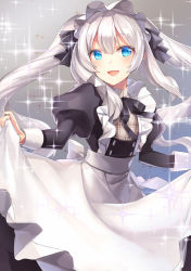 Rule 34 | 1girl, alternate costume, apron, blue eyes, enmaided, fate/grand order, fate (series), long hair, maid, maid apron, marie antoinette (animejapan 2016) (fate), marie antoinette (fate), official alternate costume, open mouth, sakuyosi, silver hair, skirt hold, smile, solo, sparkle