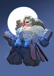 Rule 34 | 1boy, a ching, abs, artist name, bara, bare pectorals, bare shoulders, belt, brown hair, clenched hands, fate/grand order, fate (series), fingerless gloves, from below, full moon, giant, giant male, gloves, glowing, gradient hair, large pectorals, male focus, moon, multicolored hair, muscular, night, on shoulder, open mouth, orion (bear) (fate), pectorals, shooting star, sky, smile, solo, stuffed animal, stuffed toy, super orion (fate), teddy bear, thick eyebrows, topless male, upper body, weapon