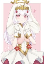 Rule 34 | 1girl, animal ears, closed mouth, cosplay, dress, fake animal ears, fire emblem, fire emblem: three houses, fire emblem heroes, gloves, highres, long hair, lysithea von ordelia, nintendo, pink background, pink eyes, rabbit ears, see-through, see-through sleeves, shimizu akina, simple background, solo, veronica (fire emblem), veronica (fire emblem) (cosplay), white gloves, white hair