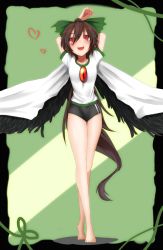 Rule 34 | 1girl, adapted costume, arms up, bad id, bad pixiv id, bare legs, barefoot, bird wings, black wings, brown hair, buruma, cape, commentary request, framed, full body, green background, gym uniform, hair bobbles, hair ornament, heart, legs, long hair, open mouth, red eyes, reiuji utsuho, shirt, short sleeves, smile, solo, standing, third eye, touhou, very long hair, wings, yamato (muchuu paradigm)