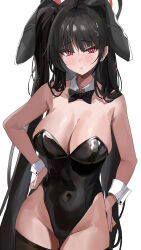 Rule 34 | 1girl, absurdres, alternate costume, alternate hairstyle, animal ears, bare shoulders, black hair, black leotard, black thighhighs, blue archive, blunt bangs, blush, bow, bowtie, breasts, bright pupils, cleavage, covered navel, detached collar, fake animal ears, hair between eyes, hair ornament, hairclip, halo, hand on own hip, highleg, highleg leotard, highres, large breasts, leotard, long hair, looking at viewer, parted lips, playboy bunny, rabbit ears, red eyes, riel (ataraxia2334), rio (blue archive), side ponytail, solo, strapless, strapless leotard, thighhighs, traditional bowtie, white background, white wrist cuffs, wrist cuffs