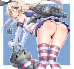 Rule 34 | 10s, 1girl, :3, anchor hair ornament, ass, black eyes, blonde hair, butt crack, elbow gloves, g-string, g pon (gachapon), gloves, hair ornament, hair ribbon, innertube, kantai collection, long hair, looking at viewer, machinery, microskirt, midriff, open mouth, panties, pantyshot, rensouhou-chan, ribbon, shimakaze (kancolle), skirt, solo, striped clothes, striped thighhighs, swim ring, thighhighs, thong, turret, underwear, upskirt
