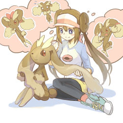 Rule 34 | 1girl, animal nose, blush stickers, brown eyes, creature, creatures (company), double bun, eye contact, game freak, gen 4 pokemon, hair between eyes, hair bun, happy, legs together, long hair, looking at another, looking at viewer, lopunny, nintendo, one eye closed, pantyhose, pokemon, pokemon (creature), pokemon bw2, purple eyes, ribbon, rosa (pokemon), shiro q~, shoelaces, shoes, sidelocks, sitting, smile, sneakers, thinking, thought bubble, twintails