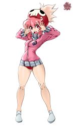 Rule 34 | 1girl, artist name, breasts, buruma, commentary, english commentary, foreshortening, full body, gluteal fold, hair between eyes, highres, jacket, jakuzure nonon, kill la kill, legs apart, long sleeves, matching hair/eyes, open mouth, pink eyes, pink hair, pink jacket, red buruma, red headwear, simple background, small breasts, solo, standing, teeth, the golden smurf, thighs, upper teeth only, white background, white footwear, wide hips, zipper