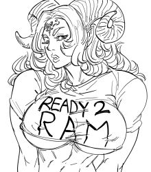 Rule 34 | 1girl, bb (baalbuddy), breasts, clothes writing, covered erect nipples, cropped shirt, curled horns, curly hair, english text, facial mark, forehead mark, fuck-me shirt, greyscale, highres, horns, long hair, looking at viewer, meme attire, monochrome, muscular, muscular female, one eye closed, original, parted lips, sheep girl, sheep horns, short sleeves, simple background, solo, underboob, upper body, white background