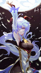 Rule 34 | 1girl, absurdres, ahoge, arm up, armpits, bare shoulders, bell, black gloves, blue hair, bodystocking, colored eyelashes, cowbell, cowboy shot, detached sleeves, framed breasts, ganyu (genshin impact), genshin impact, gloves, goat horns, gold trim, hair over one eye, highres, horns, hydrokinesis, long hair, looking at viewer, parted lips, pelvic curtain, purple eyes, qilin (mythology), side slit, solo, sparkle, vardan, very long hair, water