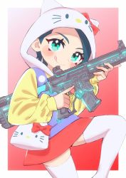 Rule 34 | 1girl, animification, blue hair, blush, bow, cosplay, green eyes, gun, head tilt, hello kitty, hello kitty (character), hello kitty (character) (cosplay), highres, holding, holding gun, holding weapon, hood, hood up, hoodie, iechi, licking lips, looking at viewer, playerunknown&#039;s battlegrounds, red bow, red skirt, sanrio, sara (pubg), short hair, skirt, smile, solo, thighhighs, tongue, tongue out, trigger discipline, weapon, white thighhighs, yellow hoodie