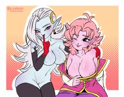 Rule 34 | 2girls, absurdres, blue skin, blush, breasts, chronoa, cleavage, cleft of venus, colored skin, dragon ball, dragon ball xenoverse, earrings, elbow gloves, female focus, functionally nude, gloves, highres, jewelry, large breasts, long hair, looking at viewer, multiple girls, one eye closed, pea-bean, pink hair, pink skin, pointy ears, purple eyes, pussy, short hair, skindentation, supreme kai of time, thighhighs, tongue, tongue out, towa (dragon ball), white hair, wink
