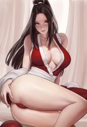 Rule 34 | 1girl, ass, bad id, bad pixiv id, bare shoulders, breasts, cleavage, collarbone, fatal fury, highres, large breasts, long hair, midriff peek, no bra, nuker (nukerdraws), parted bangs, ponytail, shiranui mai, snk, solo, the king of fighters, thighs