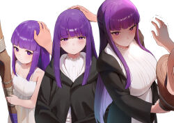 Rule 34 | 1boy, 1girl, absurdres, age progression, black robe, blunt bangs, blush, breasts, bright pupils, collage, dress, expressionless, fern (sousou no frieren), hand on another&#039;s head, hetero, highres, holding, holding staff, large breasts, looking at viewer, pov, pov hands, purple eyes, purple hair, robe, rororo, shaded face, sidelocks, simple background, sleeveless, sleeveless dress, small breasts, smile, sousou no frieren, staff, trembling, white background, white dress, white pupils