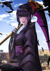 Rule 34 | 1girl, absurdres, artist name, asarizer, bird, black hair, building, commentary, crow, dated, facial mark, feathers, floral print, flower, from side, hair bun, hair flower, hair ornament, highres, holding, holding scythe, japanese clothes, kimono, original, outstretched arm, prosthesis, prosthetic hand, purple eyes, purple kimono, scythe, sidelocks, single hair bun, solo, tongue, tongue out, upper body