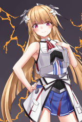 Rule 34 | 1girl, black shirt, blonde hair, blue skirt, breast pocket, breasts, brooklyn (kancolle), flower, hair flower, hair ornament, hand on own hip, hand on own chest, headgear, high-low skirt, highres, jacket, kantai collection, large breasts, long hair, looking at viewer, mayura (lucadia), neckerchief, overskirt, pocket, red eyes, red neckerchief, shirt, skirt, sleeveless, sleeveless jacket, smile, solo, undershirt, white jacket