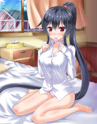 Rule 34 | 10s, 1girl, barefoot, bedroom, black hair, blush, breasts, clenched hands, collared shirt, condom, condom in mouth, high ponytail, kantai collection, kyamu (qqea92z9n), large breasts, long hair, looking at viewer, mouth hold, on bed, panties, ponytail, purple panties, red eyes, shirt, sitting, solo, tissue box, underwear, very long hair, wariza, white shirt, yahagi (kancolle)