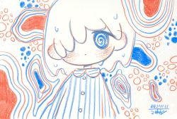 Rule 34 | 1girl, @ @, abstract background, blue eyes, collared shirt, dated, hair over one eye, highres, limited palette, medium hair, original, shirt, signature, solo, striped clothes, striped shirt, white hair, zukky000