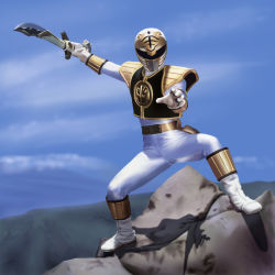 Rule 34 | 1boy, armor, blue sky, bodysuit, boots, cloud, day, fighting stance, gloves, gosei sentai dairanger, gradient background, hakase (takkun-hakase), helmet, holding, holding sword, holding weapon, kiba ranger, male focus, outdoors, outstretched arms, realistic, rock, shiny clothes, shoes, sky, solo, spread legs, standing, super sentai, sword, weapon, white footwear, white gloves