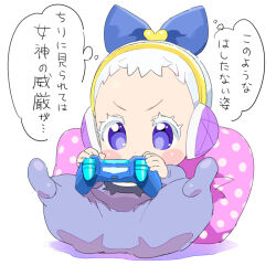 Rule 34 | 1girl, aged down, baby, blue bow, blue eyes, blush, bow, colored eyelashes, commentary request, controller, full body, game controller, hair bow, headphones, heart, holding, holding controller, holding game controller, janis (pripara), long sleeves, looking at viewer, lying, moudoku (decopon3rd), on back, pillow, polka dot, pretty series, pripara, short hair, solo, thought bubble, translation request, v-shaped eyebrows, white background, white hair