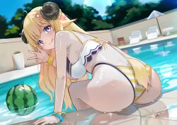 Rule 34 | 1girl, absurdres, ahoge, animal ears, arm support, ass, bangle, bare arms, bare shoulders, bikini, blonde hair, blue eyes, bracelet, braid, breasts, chair, commentary request, curled horns, day, food, from behind, fruit, hair ornament, hairclip, highleg, highleg bikini, highres, hololive, hololive summer 2023 swimsuit, horns, jewelry, large breasts, leaning forward, lens flare, light blush, long hair, looking at viewer, looking back, lounge chair, official alternate costume, outdoors, pool, poolside, purple eyes, reflection, sheep ears, sheep girl, sheep horns, shiny skin, sitting, smile, solo, split mouth, striped bikini, striped clothes, swimsuit, tree, tsunomaki watame, two-tone bikini, umbrella, very long hair, virtual youtuber, w, water, watermelon, white bikini, yoshikawa hiro