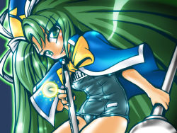 Rule 34 | 1girl, cloak, electric wind instrument, female focus, green eyes, green hair, hat, instrument, long hair, matching hair/eyes, mima (touhou), name tag, one-piece swimsuit, school swimsuit, solo, swimsuit, touhou, touhou (pc-98), winn, wizard hat