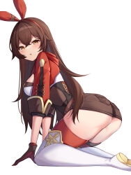 Rule 34 | 1girl, absurdres, all fours, amber (genshin impact), ass, black gloves, boots, breasts, brown hair, brown shorts, from side, genshin impact, gloves, hair ribbon, highres, long hair, long sleeves, looking at viewer, looking to the side, medium breasts, open mouth, red thighhighs, ribbon, shirt, short shorts, shorts, shrug (clothing), simple background, skindentation, solo, thigh boots, thighhighs, thighs, very long hair, white background, white footwear, white shirt, yellow eyes, ziro (zirorong)