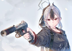 Rule 34 | 1girl, black hoodie, blue archive, daito, demon horns, earclip, earrings, gun, h&amp;k p30, halo, handgun, holding, holding gun, holding weapon, hood, hoodie, horns, jewelry, kayoko (blue archive), multicolored hair, ponytail, red eyes, solo, suppressor, two-tone hair, upper body, weapon, white hair