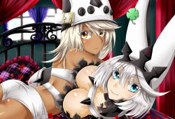 Rule 34 | 2girls, ahoge, animal ears, arc system works, ass, bare shoulders, bed, blue eyes, blush, breasts, chukachuka, cleavage, collar, dark-skinned female, dark skin, dress, elphelt valentine, full moon, guilty gear, guilty gear xrd, guilty gear xrd: revelator, hat, large breasts, long hair, looking at viewer, looking back, lying, moon, multiple girls, night, on side, on stomach, orange eyes, platinum blonde hair, rabbit ears, ramlethal valentine, shiny clothes, shiny skin, short hair, short shorts, shorts, siblings, silver hair, sisters, smile, spiked collar, spikes
