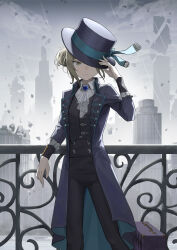 Rule 34 | 1girl, absurdres, against railing, ascot, blue bow, boater hat, bow, cityscape, closed mouth, cloud, collared shirt, dark clouds, grey eyes, grey hair, hair bun, hat, hat bow, highres, holding, holding clothes, holding hat, jacket, long sleeves, looking at viewer, nyanko960121, railing, rain, reverse:1999, shirt, short hair, single side bun, solo, storm, storm cloud, vertin (reverse:1999), white shirt