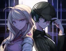 Rule 34 | 1boy, 1girl, ahoge, akamatsu kaede, back-to-back, backpack, bag, baseball cap, black hair, blonde hair, blurry, blurry background, breasts, brown eyes, brown headwear, brown jacket, closed mouth, collared shirt, commentary request, danganronpa (series), danganronpa v3: killing harmony, fortissimo, hair between eyes, hair ornament, hand on headwear, hand up, hat, highres, jacket, large breasts, long hair, long sleeves, looking at another, looking back, musical note, musical note hair ornament, muuyiie, necktie, pink eyes, pink sweater vest, portrait, purple eyes, purple sweater, saihara shuichi, shirt, short hair, smile, striped clothes, striped jacket, sweater, sweater vest, tearing up, upper body