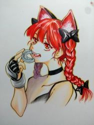 Rule 34 | 1girl, animal ear fluff, animal ears, bare shoulders, black choker, bow, braid, cat ears, choker, cropped torso, extra ears, fingerless gloves, gloves, hand up, highres, holding, kaenbyou rin, looking ahead, mouth guard, nunnun (shunka shuutou), open mouth, red eyes, red hair, smile, solo, teeth, touhou, traditional media, twin braids, upper body