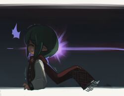 Rule 34 | 1boy, closed eyes, dark background, green hair, long sleeves, motion lines, original, pointy ears, porforever, red scarf, scarf, solo, surprised, sweatdrop, wallace (porforever)