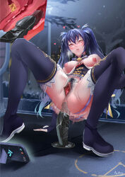 Rule 34 | 1girl, absurdres, anal, anal object insertion, blue hair, blush, breasts, cellphone, dildo, dress, excessive pubic hair, female pubic hair, frilled sleeves, frills, hair between eyes, hair ornament, highres, long hair, looking at viewer, medium breasts, neptune (series), night, nipples, noire (neptunia), nonkhian r18, object insertion, outdoors, phone, pubic hair, purple eyes, pussy, sex toy, sidelocks, smile, solo, spread legs, sweat, twintails, uncensored, very long hair