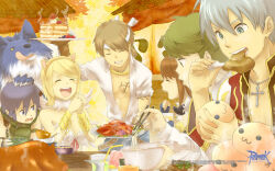 2girls 4boys :3 alchemist_(ragnarok_online) animal_ears baozi bikini blacksmith_(ragnarok_online) blonde_hair blue_eyes blue_gloves blue_hair blush bowl breasts brown_coat brown_gloves brown_hair camouflage_scarf cat_ears chopsticks cleavage closed_eyes clown_(ragnarok_online) coat copyright_notice crab_claw cross cross_necklace drinking_straw eating fake_animal_ears feather_trim feathered_wings fingerless_gloves food gloves gold_trim green_eyes green_hair green_scarf green_shirt grey_eyes grey_hair guest_art headband high_priest_(ragnarok_online) highres holding holding_chopsticks holding_plate jewelry jii_(g) kebab logo long_sleeves looking_at_another looking_to_the_side market_stall medium_breasts multiple_boys multiple_girls mushroom necklace noodles official_art official_wallpaper onigiri open_mouth pancake pancake_stack plate pointy_ears poring ragnarok_online ramen ranger_(ragnarok_online) red_coat roast_pork round_teeth scarf shirt short_hair short_sleeves sleeveless sleeveless_shirt smile spore_(ragnarok_online) swimsuit teeth upper_body upper_teeth_only wanderer_(ragnarok_online) white_bikini white_coat white_headband white_shirt white_wings wings wolf