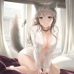 Rule 34 | 1girl, animal ear fluff, animal ears, animated, animated gif, bare legs, barefoot, bed, between legs, black choker, blush, breasts, brown hair, choker, chowbie, cleavage, collarbone, commentary, curtains, dated commentary, ear wiggle, fox ears, fox girl, fox tail, grey eyes, grin, hand between legs, heart pendant, indoors, jewelry, kneeling, large breasts, long hair, long sleeves, looking at viewer, mole, mole on breast, naked shirt, on bed, open clothes, open shirt, original, parted lips, shirt, sitting, smile, solo, tail, tail wagging, thighs, wariza, white shirt, window