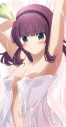 Rule 34 | 1girl, angel beats!, armpits, arms up, black hairband, blunt bangs, bow, breasts, cleavage, closed mouth, collarbone, commentary request, eyes visible through hair, frown, green bow, green eyes, hair bow, hairband, highres, lelie (lelie link), looking at viewer, medium breasts, medium hair, nakamura yuri, naked towel, navel, pink background, presenting armpit, purple hair, shy, simple background, solo, split mouth, towel, upper body, wet, wet hair