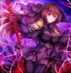 Rule 34 | 1girl, armor, bodysuit, breasts, covered navel, cowboy shot, fate/grand order, fate (series), gae bolg (fate), holding, holding weapon, large breasts, long hair, looking at viewer, parted lips, pauldrons, purple bodysuit, purple hair, red eyes, scathach (fate), shoulder armor, soda (sodachuxd), solo, veil, weapon
