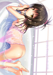 Rule 34 | 1girl, 40010prototype, all fours, ass, babydoll, barefoot, bathtub, bottomless, breasts, brown eyes, brown hair, english text, feet, from above, hair ornament, long hair, looking at viewer, nipples, partially submerged, petals, see-through, small breasts, solo, to love-ru, toes, water, wet, wet clothes, yuuki mikan