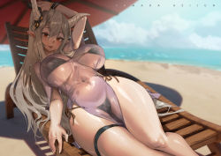 Rule 34 | 1girl, :p, absurdres, alternate costume, arknights, arm behind head, arm up, artist name, beach, bikini, breasts, cameltoe, chair, cleavage, commentary, highres, horns, large breasts, leg belt, legs, long hair, looking at viewer, lounge chair, lying, navel, ocean, pointy ears, red eyes, see-through, shining (arknights), shiny skin, side-tie bikini bottom, solo, swimsuit, symbol-only commentary, tamada heijun, tongue, tongue out, very long hair, wooden chair
