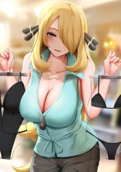 Rule 34 | 1girl, bare shoulders, bikini, black bikini, black pants, blonde hair, blue shirt, blurry, blurry background, blush, breasts, cleavage, clothes hanger, collarbone, creatures (company), cynthia (pokemon), game freak, ginhaha, grey eyes, hair ornament, hair over one eye, hands up, highres, holding, holding clothes, holding clothes hanger, large breasts, long hair, looking at viewer, mixed-language commentary, nintendo, one-piece swimsuit, open mouth, pants, pokemon, pokemon (anime), pokemon bw (anime), shirt, smile, solo, swimsuit, very long hair