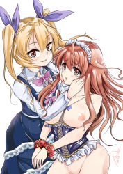 Rule 34 | 2girls, bdsm, blonde hair, blush, bondage, bound, breasts, brown eyes, brown hair, cuffs, female focus, femdom, goya (team harenchi), long hair, looking at viewer, maid headdress, multiple girls, nipples, open mouth, red eyes, smile, twintails, yuri