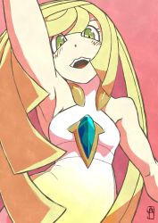 Rule 34 | 1girl, :d, arm up, armpits, bare arms, bare shoulders, breasts, chawalit adsawawalanon, creatures (company), diamond (shape), dress, game freak, gem, green eyes, highres, long hair, looking at viewer, lusamine (pokemon), nintendo, open mouth, pink background, pokemon, pokemon sm, sleeveless, sleeveless dress, small breasts, smile, solo, teeth, turtleneck, upper body, very long hair, white dress