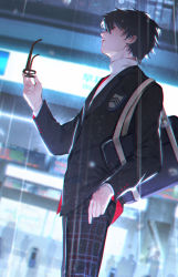 Rule 34 | 10s, 1boy, amamiya ren, arm at side, backlighting, bag, black hair, blazer, blurry, blurry background, building, chromatic aberration, cowboy shot, unworn eyewear, from side, glasses, hand in pocket, hand up, highres, holding, holding removed eyewear, j 315 (jean), jacket, light, long sleeves, looking at viewer, male focus, night, outdoors, pants, parted lips, persona, persona 5, plaid, plaid pants, rain, school uniform, shirt, short hair, sideways glance, solo focus, standing, turtleneck