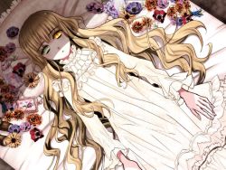 Rule 34 | 1girl, akira (kaned fools), bed, brown hair, charlotte bronte, dress, expressionless, flower, game cg, green eyes, heterochromia, liarsoft, long hair, pillow, shikkoku no sharnoth, solo, steampunk (liarsoft), white dress, yellow eyes