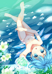 Rule 34 | 1girl, barefoot, blue eyes, blue hair, cirno, completely nude, feet, female focus, flat chest, flower, from above, groin, ice, looking up, matching hair/eyes, navel, niiya, nipples, nude, onsen, open mouth, partially submerged, short hair, solo, toes, touhou, upside-down, wading, water, wings