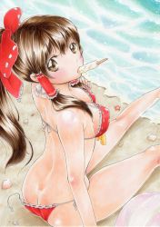 Rule 34 | 1girl, absurdres, ass, ball, beach, beachball, bikini, bow, breasts, brown eyes, brown hair, butt crack, covered erect nipples, dimples of venus, food, from above, from behind, hair bow, hakurei reimu, highres, large breasts, long hair, looking at viewer, mouth hold, ponytail, popsicle, red bikini, seashell, shell, side-tie bikini bottom, sitting, solo, swimsuit, touhou, untied, wardrobe malfunction, yuuki chima