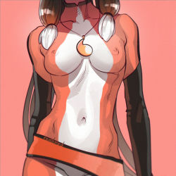 Rule 34 | 1girl, aconitea, artist name, bodysuit, breasts, brown hair, collarbone, contrapposto, covered navel, covered erect nipples, hair tie, head out of frame, jewelry, lila rossi, long hair, medium breasts, miraculous ladybug, necklace, pendant, skin tight, solo, standing, twintails, volpina, white hair