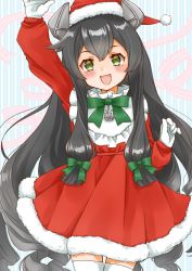 Rule 34 | 1girl, black hair, bow, cocoperino, commentary request, cowboy shot, dress, fur-trimmed dress, fur-trimmed headwear, fur trim, gloves, green bow, green eyes, hair ribbon, hat, headgear, highres, i-47 (kancolle), kantai collection, long hair, low-tied long hair, official alternate costume, red dress, red hat, ribbon, santa hat, sidelocks, solo, striped, striped background, thighhighs, tress ribbon, white gloves, white thighhighs