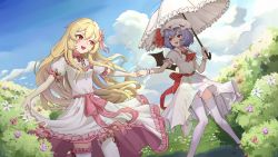 Rule 34 | 2girls, aoaoaoao (baiyanheibing), blonde hair, blue sky, bush, clothes lift, cloud, commentary request, day, dress, dress lift, flower, frilled umbrella, frills, hair between eyes, hat, hat ribbon, highres, long hair, looking at another, mob cap, multiple girls, original, purple hair, red eyes, red footwear, red neckwear, remilia scarlet, ribbon, short hair, short sleeves, sky, smile, thighhighs, touhou, umbrella, vampire, white dress