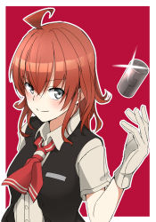Rule 34 | 10s, 1girl, ahoge, arashi (kancolle), black gloves, blouse, canister, gloves, grey eyes, highres, kagari liroi, kantai collection, looking at viewer, neckerchief, red background, red hair, school uniform, shirt, short hair, simple background, smile, solo, upper body, vest, white gloves