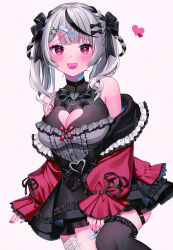 Rule 34 | 1girl, absurdres, bandaid, bandaid hair ornament, bandaid on leg, bandaid on neck, black bow, black coat, black dress, black hair, black nails, black thighhighs, bow, breasts, cleavage, cleavage cutout, clothing cutout, coat, dress, drill hair, fang, frilled dress, frills, grey hair, hair bow, hair ornament, heart, heart-shaped pupils, heart cutout, highres, hololive, large breasts, looking at viewer, medium hair, nail polish, official alternate costume, open mouth, red coat, runlan 0329, sakamata chloe, sakamata chloe (jirai kei), sleeveless, sleeveless dress, smile, solo, striped, symbol-shaped pupils, thighhighs, twin drills, two-sided coat, two-sided fabric, virtual youtuber, white background, x hair ornament
