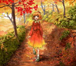 Rule 34 | 1girl, aki shizuha, autumn, autumn leaves, blonde hair, blush, brown eyes, bush, dress, forest, gradient clothes, hair ornament, happy, hill, leaf, maple leaf, multicolored clothes, multicolored dress, nature, open mouth, path, red dress, road, scenery, shadow, shiratama (hockey), short hair, skirt, skirt set, smile, solo, touhou, tree, walking, yellow dress