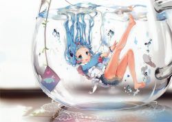 Rule 34 | 1girl, :o, anmi, apron, ass, bare legs, barefoot, blue eyes, blue hair, blush, bow, bubble, feet, forehead, hair bow, highres, jug (bottle), kneepits, long hair, mini person, minigirl, open mouth, original, panties, skindentation, skirt, solo, submerged, teabag, underwater, underwear, white panties